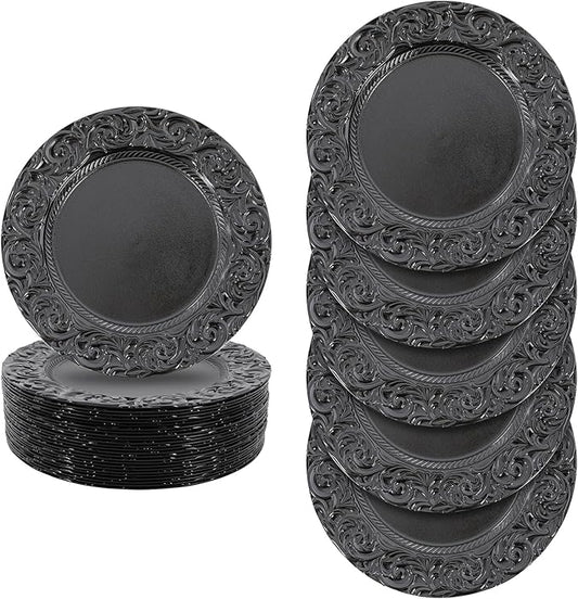 50 Pcs Antique Charger Plates Bulk 13" Round Floral Chargers for Dinner Plates, Black Charger Plates for Wedding, Party, Elegant Tabletop Decor (Black)