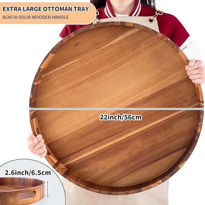 Extra Large 22INCH Premium Acacia Wood Tray Round Ottoman Tray with Handles Wooden Serving Tray Multi-Use for Dinner Breakfast in Bed Coffee Table Snack Entertaining Guests