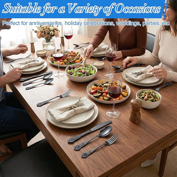30 Pcs Black Silverware Set, Gorgeous Retro Royal Flatware Set for 6, Stainless Steel Mirror Polished Flatware Cutlery Set Includes Fork,s Spoons and Knives, Dishwasher Safe Utensils