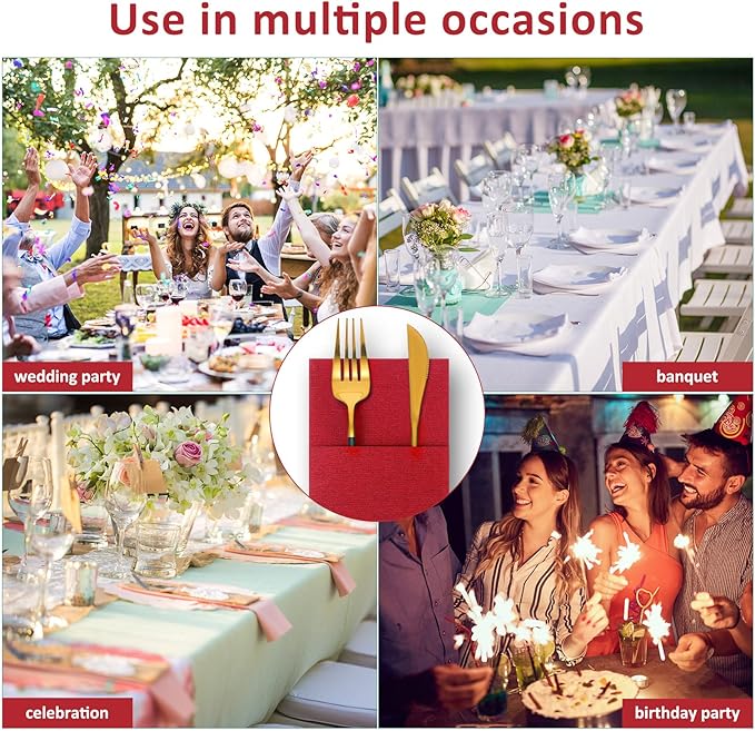Cindeer 150 Pcs Red Linen Dinner Feel Napkins with Built in Flatware Pocket Prefolded Paper Disposable Airlaid Guest Hand Towel for Silverware Wedding Reception Christmas Baby Shower