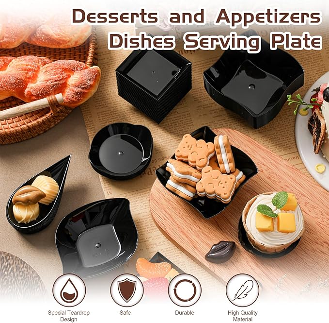 Tessco for you 100 Pcs Mini Appetizer Plates Set, Disposable Dessert Plates Assorted Shape Mini Plastic Spoons for Wedding Party Birthday (Black)