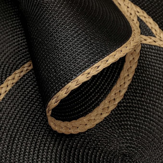 Noctiflorous Round Placemats Set of 4, 15 Inch Braided Hand Woven Table Mats, Heat Resistant Non-Slip Wipeable Thin Edge Place Mats for Kitchen Dining Indoor Outdoor Use(Black, 4)