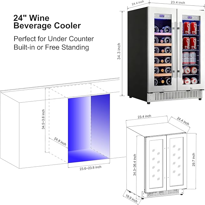 Cobalance 24 Inch Dual Zone Wine and Beverage Refrigerator-72 Cans and 20 Bottles Cooler, & Single Bottle Wine Chiller,Built-in or Freestanding Fridge for Beer, Soda, Drinks, Home, Bar