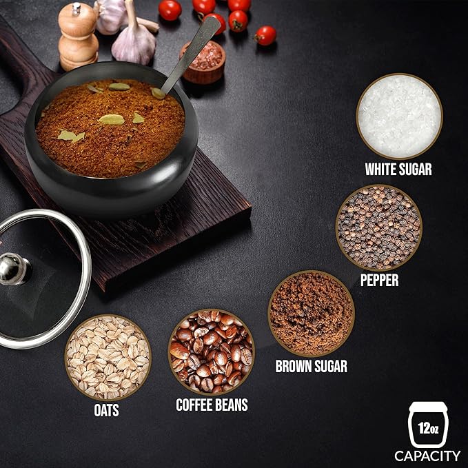 Sugar Bowl with Lid and Spoon | 12oz Sugar Container for Coffee Bar | Stainless Steel Holder Jar for Salt, Tea, Candy, Sugar Cube, Brown Sugar, Ghee | Kitchen Countertop Storage Accessories | 350ml