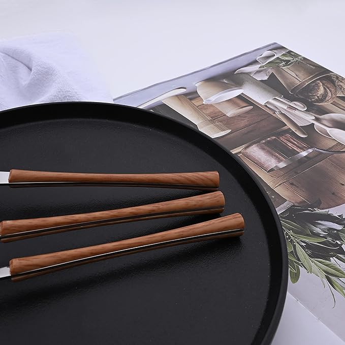 20 Piece Stainless Steel Cutlery Flatware Set, Mirror Polished Silverware Set with Wood Grain Handle, Kitchen Utensil Sets for 4, Tableware With Knife Spoons And Forks Set (Brown Silver)