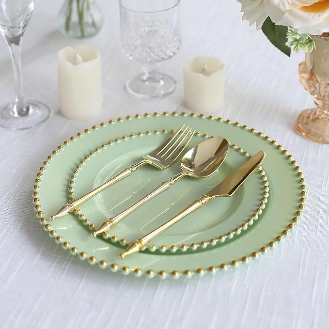 8" Salad Plates - Set of 10 - Plastic Sage Green/Gold Round Disposable Dessert Appetizer Plate Beaded Rim, Ideal for Dinner Party Wedding Bulk Events
