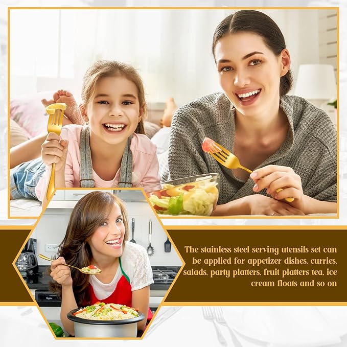 19 Pieces Serving Flatware Set Including Stainless Steel Spatulas, Forks, Spoons, Perforated, Soup, Skimmers Spoon, Buffet Tongs, Heavy Duty Serving Tongs for Home(Gold)