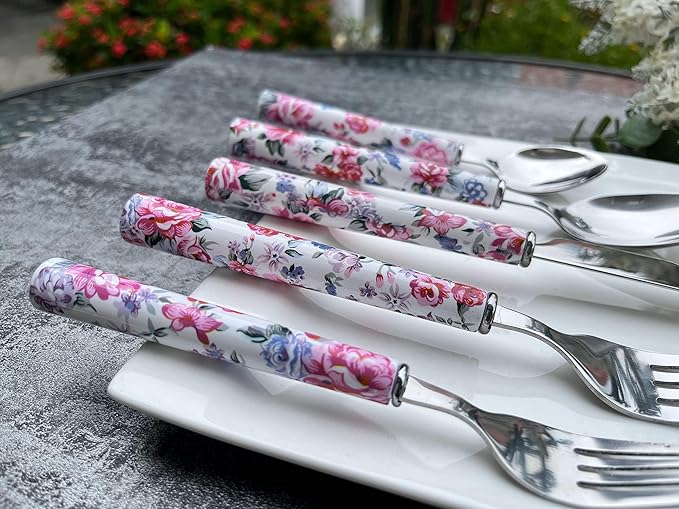 Elegant Peony Flower 20-Piece Stainless Steel Flatware Set – Durable, Modern Cutlery set, Service for 4 People, Perfect for Home, Weddings, Parties, and Everyday Use (Plastic Handle, Dishwasher Safe)