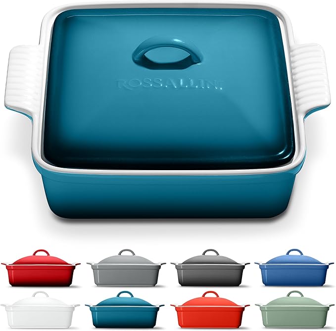 Stoneware Casserole Dish Bakeware with Lid | Covered Square Dinnerware | Large 2.5 Quart, [Ocean Blue]