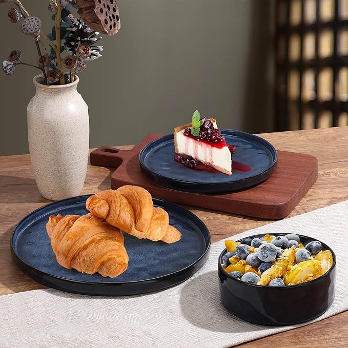 LIANYU Plates and Bowls Sets for 2, 6 Piece Dish Dinnerware Sets, Stoneware Kitchen Dinner Dishware, Microwave & Dishwasher Safe, Cetacean Blue