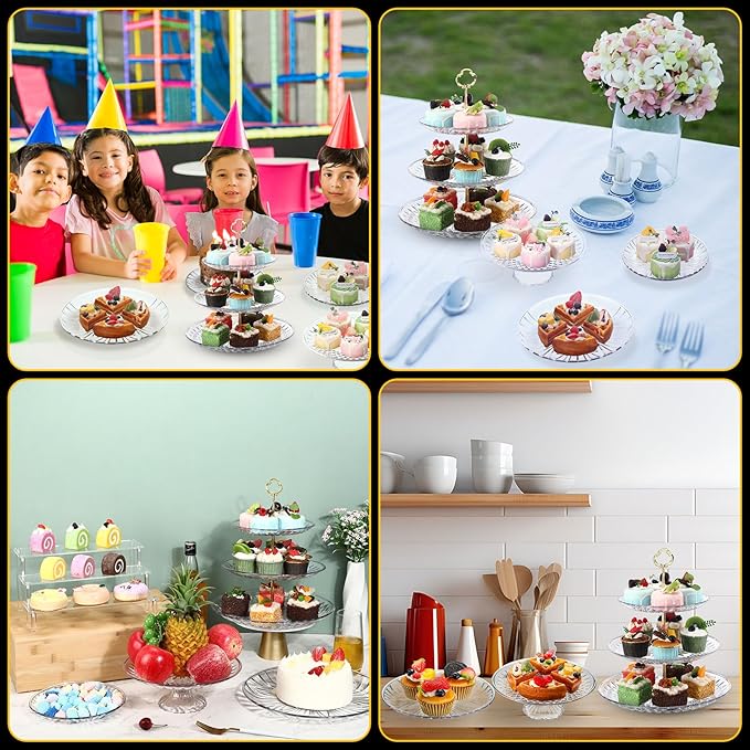 6 Pcs Acrylic Cake Stands Set Include Display Risers Cupcake Tower and Clear Round Dessert Trays Cake Table Holder for Wedding Baby Shower Decoration (Vivid Style)