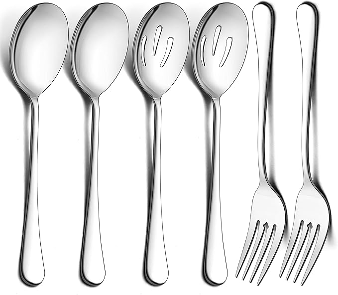 LIANYU 6-Piece Large Serving Spoons and Forks Set, 9.8 Inch Stainless Steel Buffet Catering Party Banquet Serving Spoon Fork, Mirror Finished, Dishwasher Safe