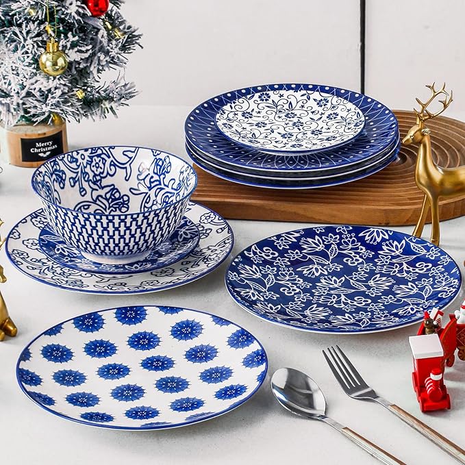 Ceramic Salad Plates Set - 8.5 Inch Kitchen Small Round Dinner - Scratch Resistant Porcelain Microwave Oven Dishwasher Safe - Dishes for Sandwich Dessert Appetizer - Set of 6 - Vintage Blue