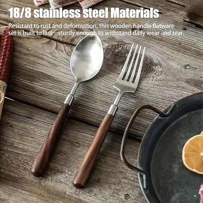8-piece wooden handle silverware set service for 2 people, flatware set, cutlery sets, utensil set, 18/8 stainless steel home use hotel banquets Wooden Handle Spoons And Forks Set