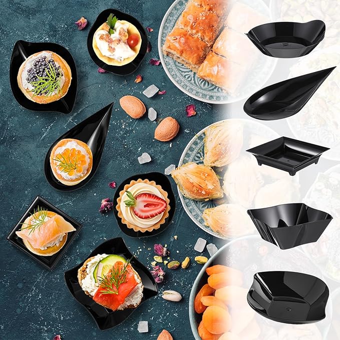 Tessco for you 100 Pcs Mini Appetizer Plates Set, Disposable Dessert Plates Assorted Shape Mini Plastic Spoons for Wedding Party Birthday (Black)