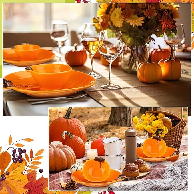 Maxcheck 8 Pcs Pumpkin Shaped Plates and Ceramic Pumpkin Bowls Kit Pumpkin Dinnerware for Thanksgiving Halloween Indoor Fall Table Decor(Orange)