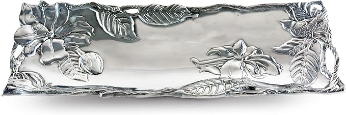 Arthur Court Designs Aluminum Magnolia Flower Metal Oblong Tray/Platter, 19 x 6 inches - Handcrafted Magnolia Blossoms and Twisting Branches, Freezer & Oven Safe, Engravable, Ideal for Wedding