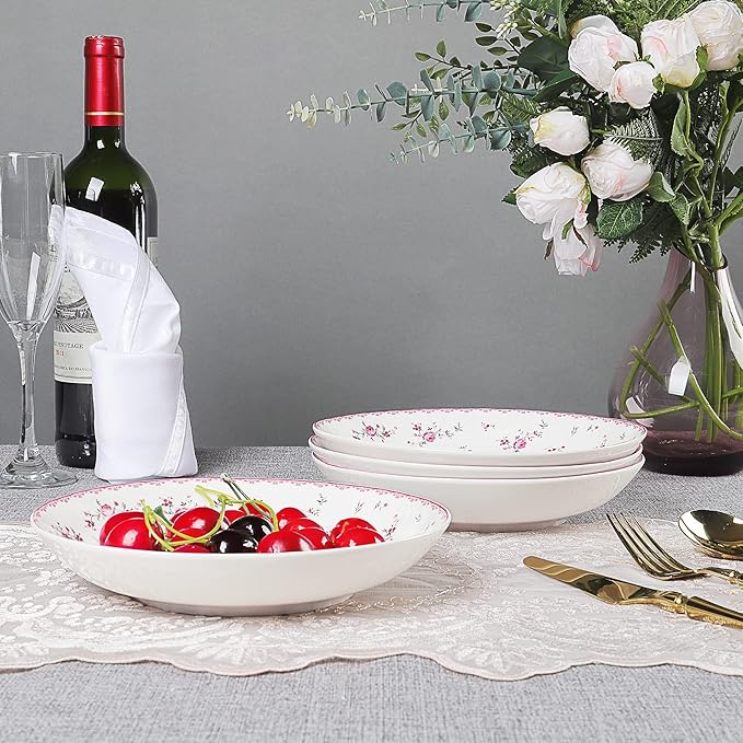 fanquare 8 Inch Porcelain Salad Bowls Set of 4, Round Floral Plates Set for Soup, Pasta, Dessert, Fruit