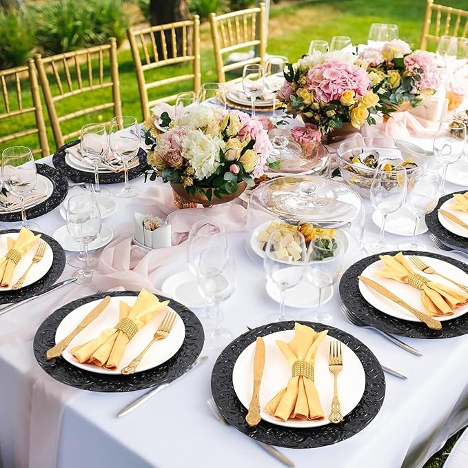 100 Pcs Antique Charger Plates Bulk Round Plastic Dinner Plate Embossed Rim Server Plate Decorative Chargers Floral Plates for Dinner Parties Wedding,13 Inch (100pcs-Black)