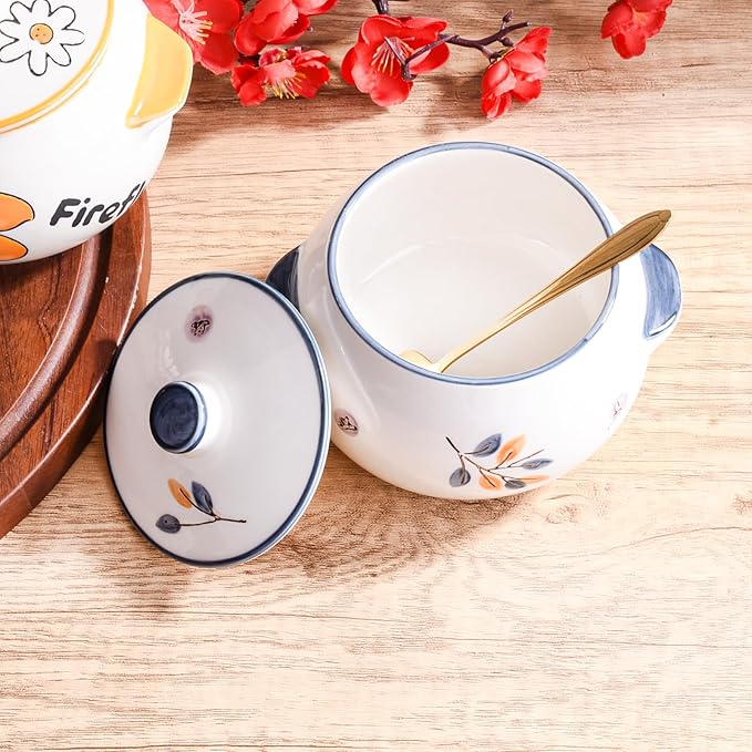 Large Ceramic Sugar Bowl with Spoon 15.2oz - Rustic Farmhouse Kitchen Canister for Sugar, Coffee, Tea - Elegant White Countertop Storage Jar, Perfect Dining Table Decoration (lh)