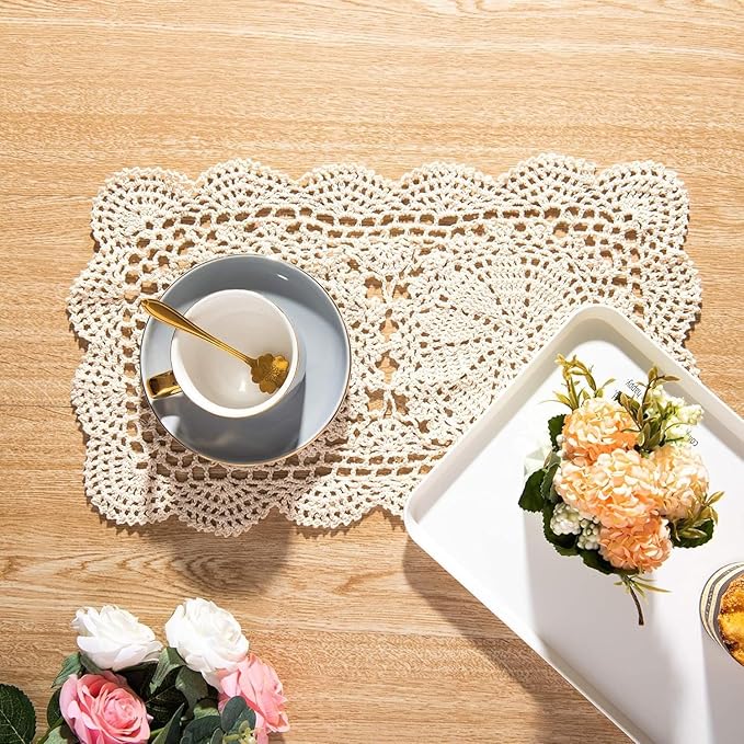 Handmade Rectangle Doilies, 2-Piece Handmade Crochet Cotton Doilies Lace Table Crochet Placemats Coaster (Beige)