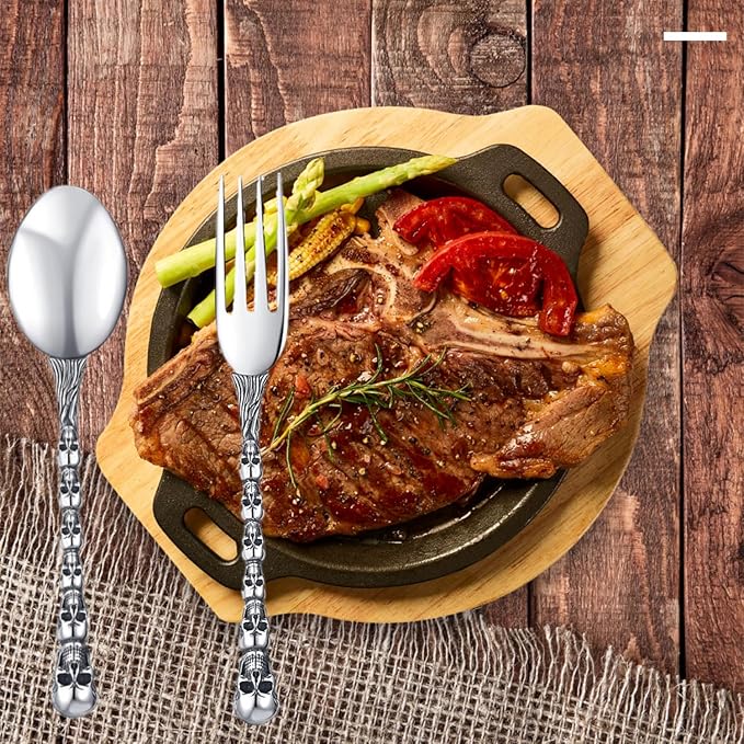 Stainless Steel Flatware Tableware Modern Look Great Gifts For Halloween Easter and Christmas (Silver, SKULLS)