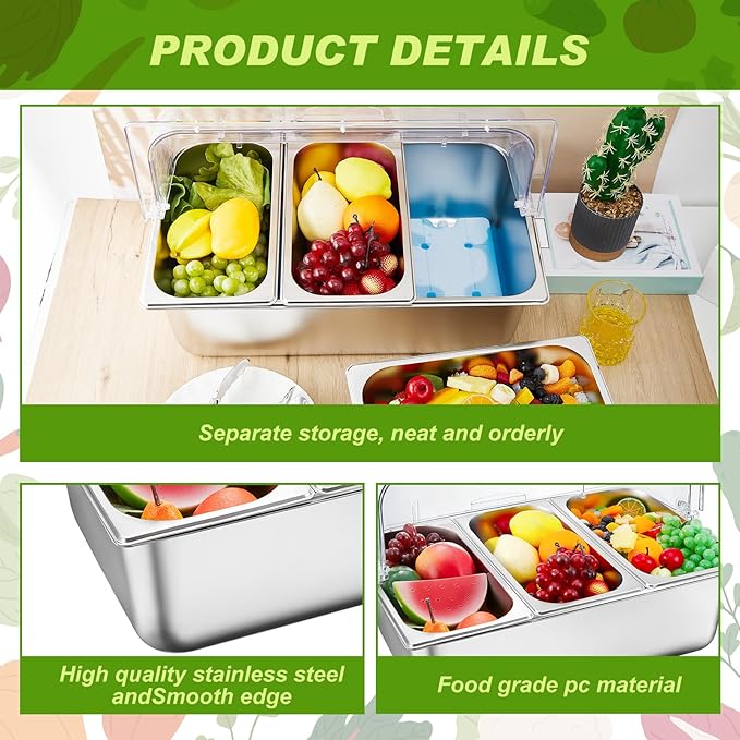 Tessco for you 16 Pcs Ice Food Spice Serving Display Countertop Chilled Condiment Container Set with Lid, Stainless Steel Salad Cold Caddy for Buffet Restaurant Kitchen Party(3 Compartments)