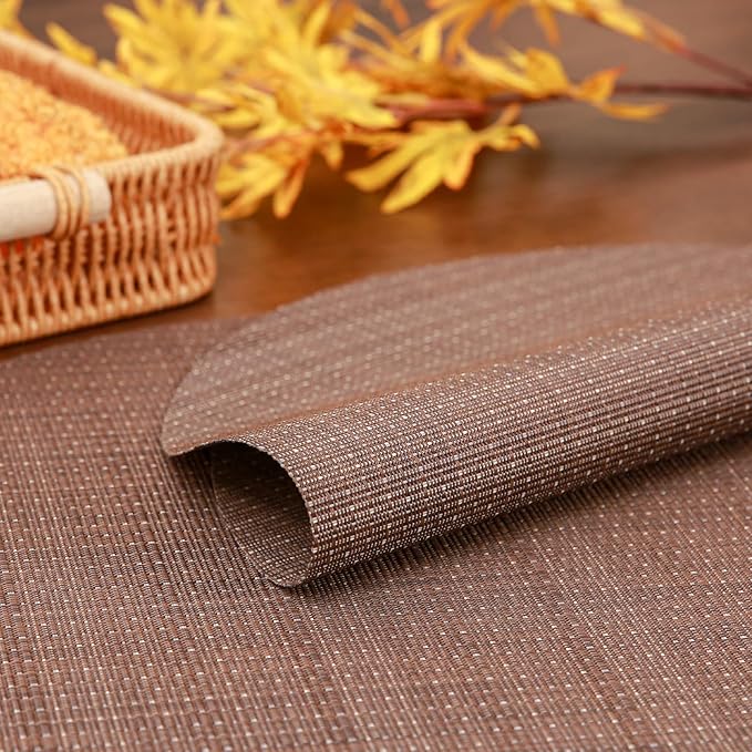 Round Placemats Set of 4 Heat Resistant Vinyl Placemats 15 inch Washable Non-Slip Table Mats Woven Place Mats for Dining Table (Coffee, Set of 4)