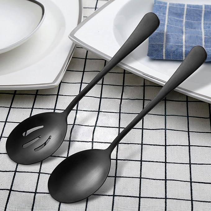 LIANYU 5-Piece Matte Black Serving Utensils Set, Stainless Steel Flatware Serving Set, Ideal for Buffet Catering Party, Satin Finish, Dishwasher Safe
