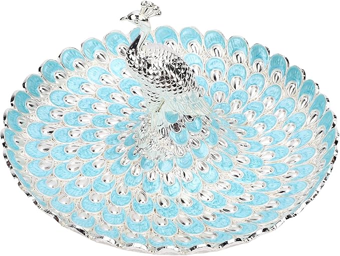 Peacock Shape Fruits Serving Tray, Zinc Alloy Fruits Storage Dish Trinket Decorative Plate with Detachable Peacock, for Vegetables, Snacks, Bread, Candy (Silver Light Blue)