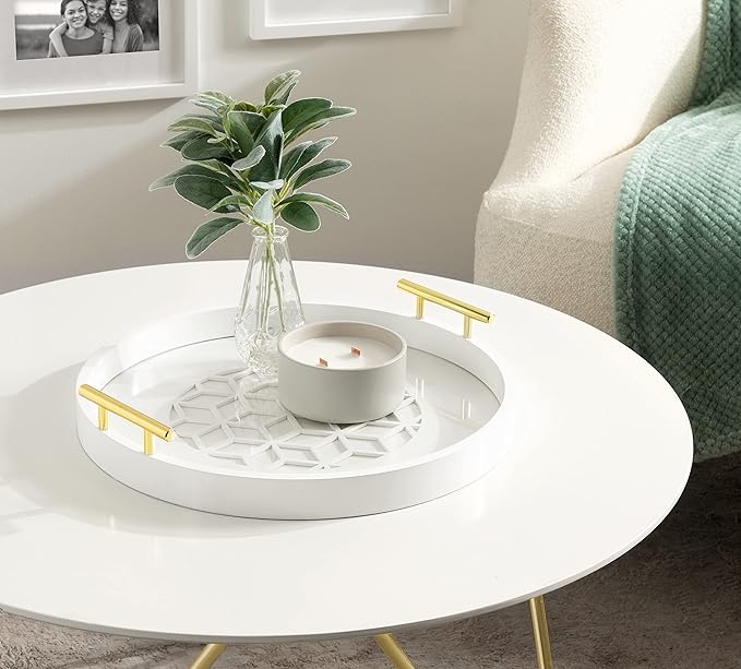Kate and Laurel Caspen Round Cut Out Pattern Decorative Tray with Gold Metal Handles, White