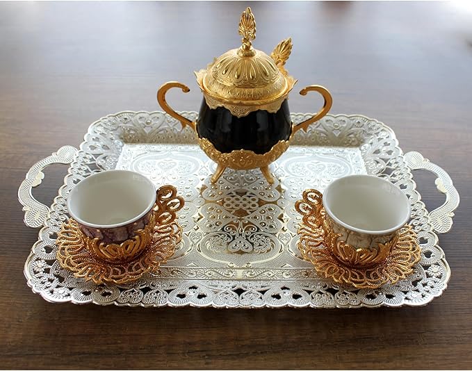 Turkish Vintage Style Entertaining Tray - |15.4” x 10.2”Multi-Purpose, Non-Tarnishing, Zamak Alloy, Decorative Ottoman Style - Rectangular Serving Tray for Coffee & Beverages (Silver)