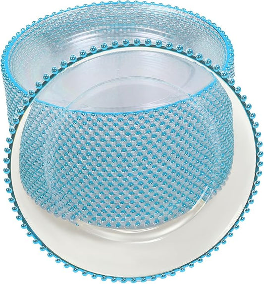 25 Pack Blue Charger Plates – Elegant Round Decorative Plates with Beaded Edge – Clear & Gold Hot-Stamped PS Platters for Weddings, Parties, Banquets – Stackable, Reusable