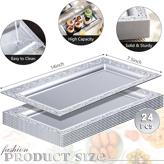 Maxcheck 24 Pcs Plastic Serving Tray Platter Set 14 x 7.5 Inches Lace Rim Serving Trays for Food Dessert Fruit Cupcake Weddings Table Parties Display(Sliver)