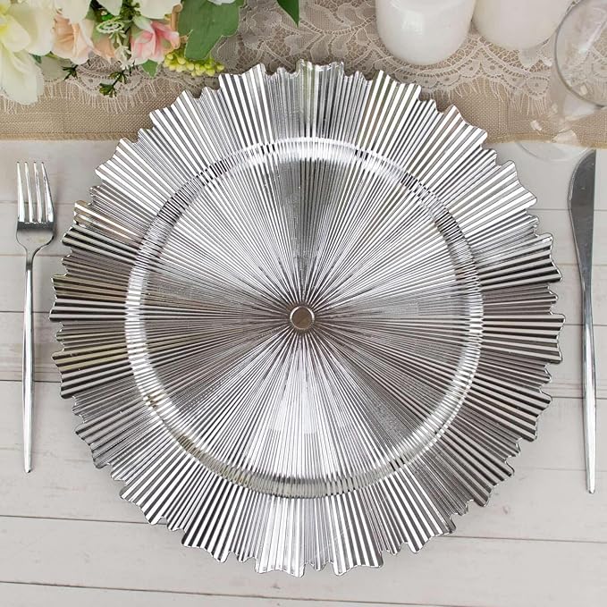 13" Charger Plates - Set of 24 - Metallic Silver with Sunray Scalloped Rim Plastic Chargers, Disposable Round Acrylic Serving Trays For Dinner Wedding Party Events