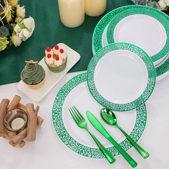 U-QE 150PCS Green Christmas Plastic Plates with Plastic Silverware, Green Christmas Disposable Plates for 30 Guests Include 30 Dinner Plates, 30 Salad Plates,30 Guests Silverware Perfect for Party