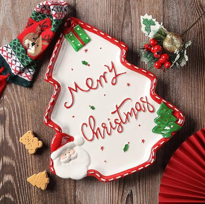 12.5 Inches Big Snacks Appetizer Trays Set, Christmas Tree Dessert Serving Dishes, Snack Platter, Food Cereal Salad Bowl, Santa Claus High Relief Bowl Ceramic Plate