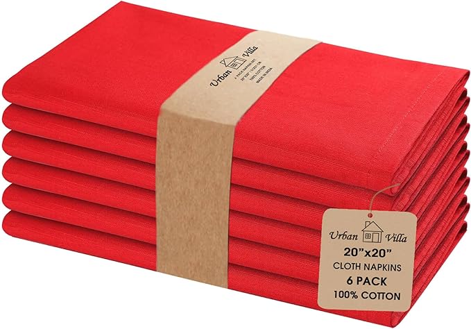 Urban Villa Christmas DinnerNapkins 20x20 Inches Over Sized Set of 6 Red Color Cloth Napkins 100% Cotton Cloth Napkins Reusable Washable Napkins Premium Quality Mitered Corners Soft DinnerNapkins