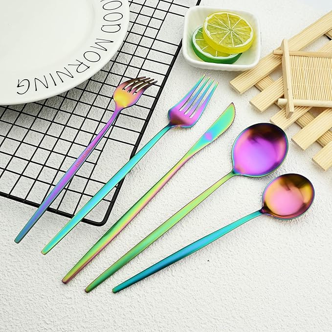 30-Piece Stainless Steel Silverware Set, Attractive Matte Finished Flatware Set, Serving for 6, Classic Cutlery set for Home/Restaurant，Includes Dessert Spoons Forks - Rainbow