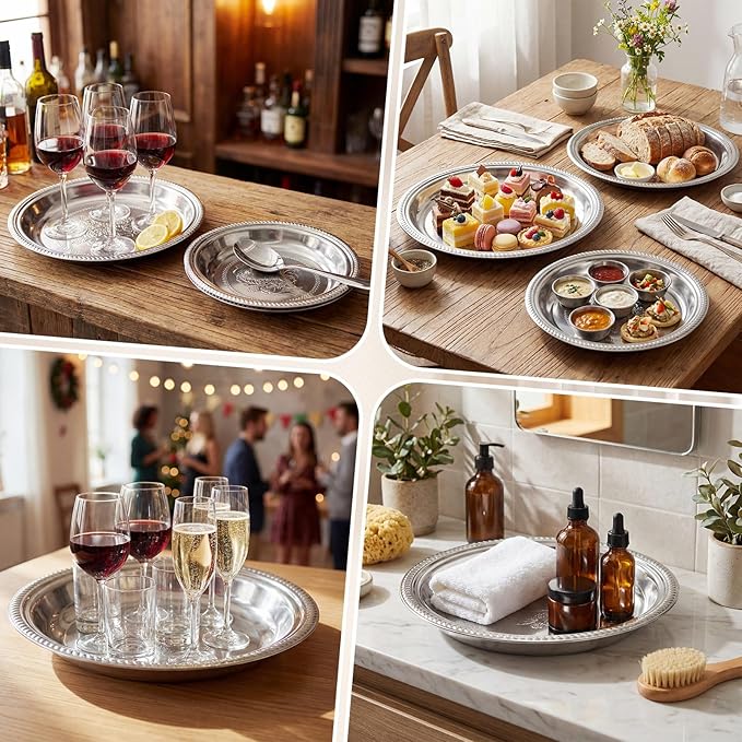 3 Pack Stainless Steel Large Silver Serving Trays Round Serving Platters 15.75" 13.78" 11.8" Metal Tray Set Mirror Tray for Party Kitchen Charcuterie(Floral Engraved)