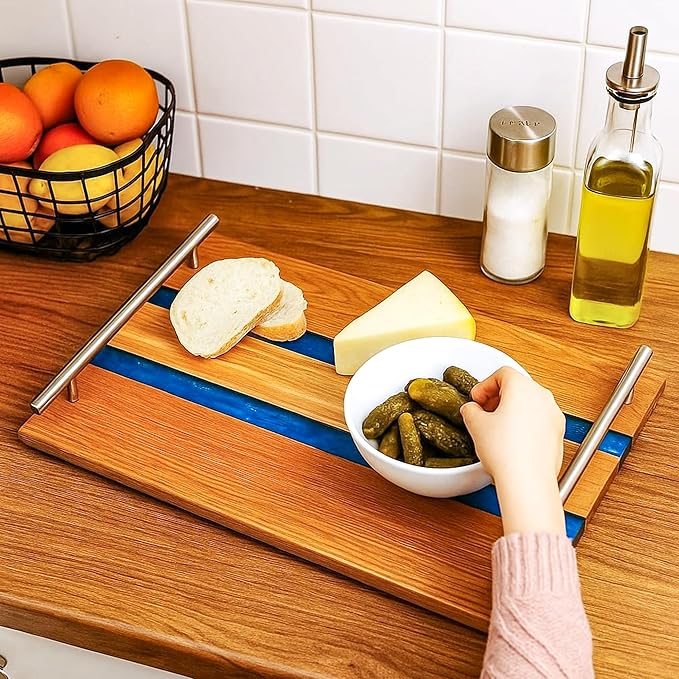 Oak Wood Epoxy Resin Serving Tray with Silver Handal and dubal Epoxy Looks for Food Breakfast in Bed Coffee Table Decor Serving Tray
