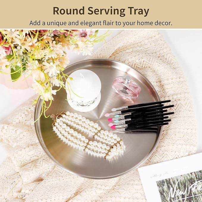 3 Pieces Round Silver Serving Tray Stainless Steel Round Decorative Coffee Table Trays, Jewelry Cosmetic Organizer Plates, Vanity Trays for Candles, Perfume