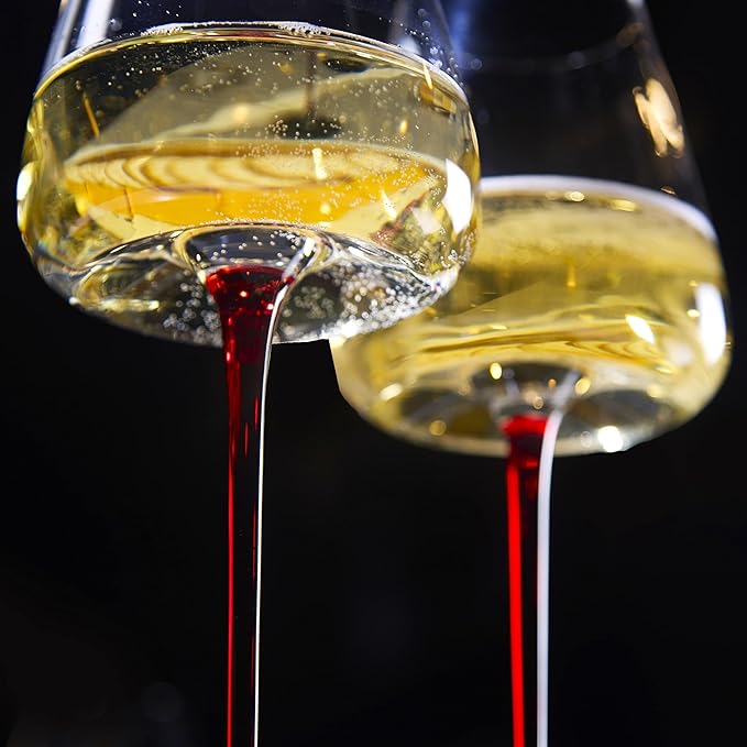 LEMONSODA Concave Champagne & Wine Glasses - Modern Red Stem & Black Bottom for Sparkling Wine, Rosé, Prosecco, Champagne – Handcrafted Barware, Perfect for gift (16oz, Set of 4)