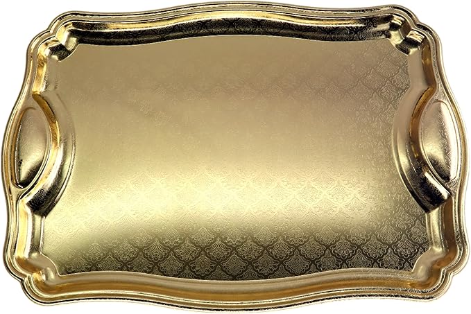 19.5 inch x 13.8 inch Oblong Iron Gold Plated Mirror Serving Tray with Handles Floral Engraved Decorative Party Birthday Dessert Wine Decor Platter Plate Base Dish FST-081