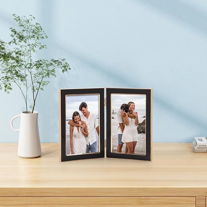 Giftgarden 4x6 Double Picture Frame Black with Tempered Glass Display 4 by 6 Photo, Metal Hinged Folding Frame for Tabletop or Wall