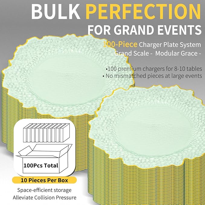 100 Pcs Clear Charger Plates 13 Inch Hammered Green Plastic Charger Plates with Gold Rim, Transparent Green Chargers for Dinner Plate, Stone Texture Plate Round Chargers for Wedding Party, Event