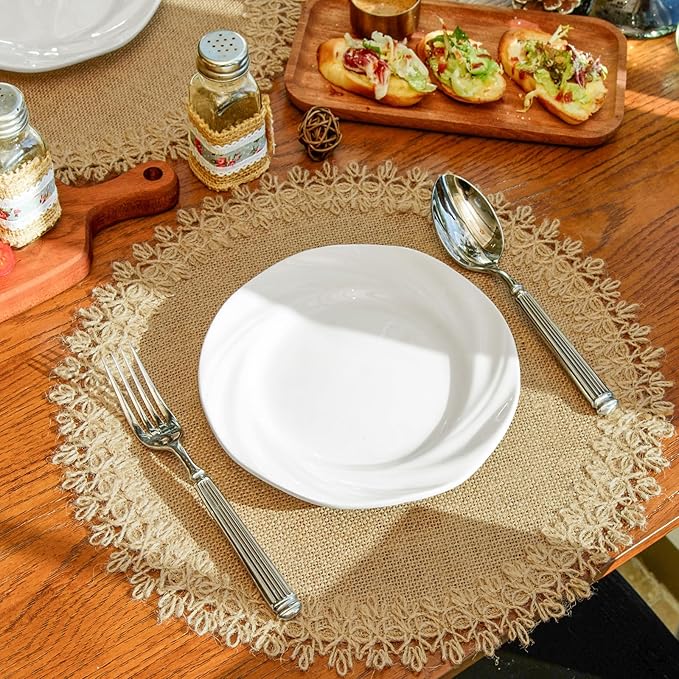 Round Burlap Placemats Set of 12 Jute Rustic Place Mats for Dining Tables Heat Resistant Natural Farmhouse Table Mats Decor (Flower Tassel New)
