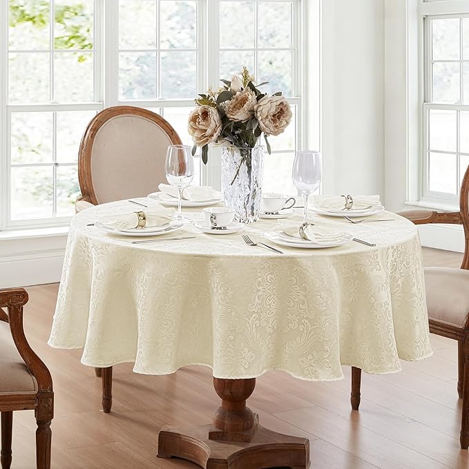 ELRENE HOME FASHIONS Caiden Elegance Damask Waterproof, Stain & Wrinkle Resistant Fabric Tablecloth, 90" Round, Ivory (Pack of 12)
