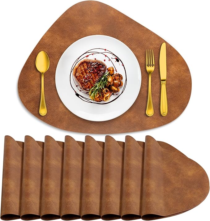 ADRIMER Placemats, Heat Resistant Round Placemats Set of 8 Washable 13 x 17 Inch, Waterproof Table Mats Wipeable for Kitchen, Dining Room Table Christmas Decor, Turmeric Brown