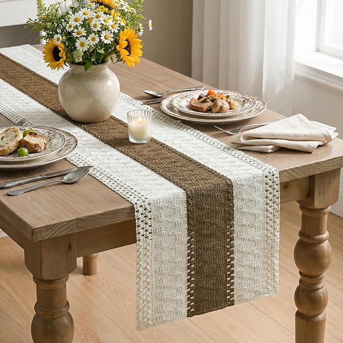 Artoid Mode Light Coffee Farmhouse Rustic Table Runner, Seasonal Holiday Hollow Kitchen Dining Table Decoration for Home Party Decor 12x72 Inch